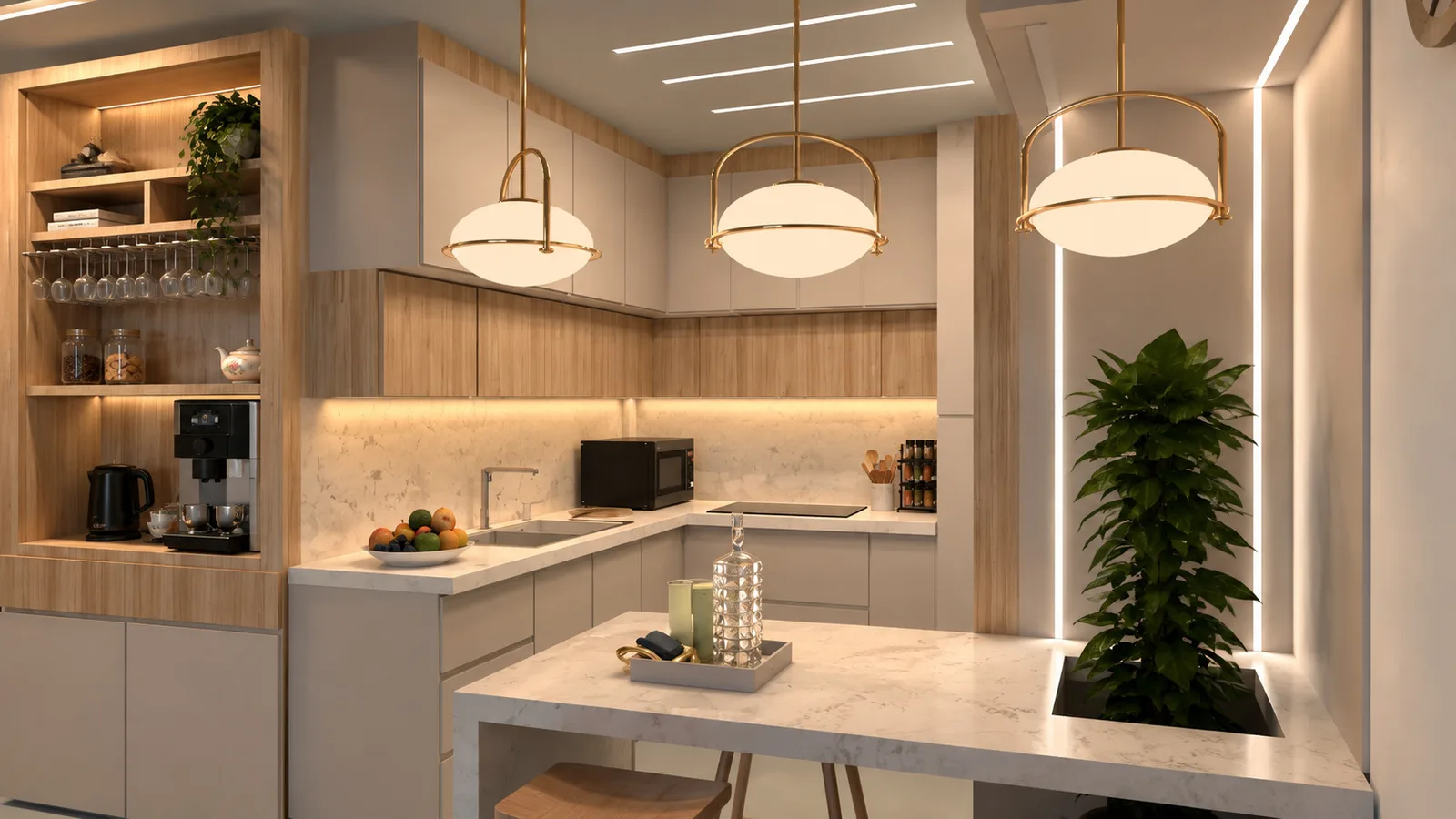 جزئیات نورپردازی و کابینت آشپزخانه مدرن